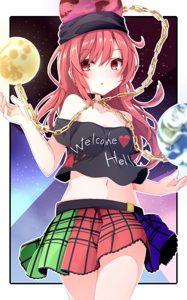 Anime picture 1000x1600 with touhou legacy of lunatic kingdom hecatia lapislazuli nankotsu single long hair tall image fringe hair between eyes red eyes red hair midriff border outside border clothes writing girl skirt miniskirt chain planet