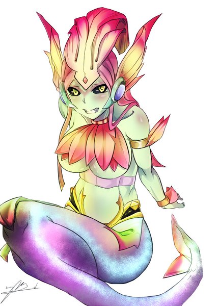 Anime picture 720x1000 with league of legends nami (league of legends) 300 won single long hair tall image blush breasts light erotic simple background large breasts white background yellow eyes pink hair tail embarrassed sleeveless fish tail girl mermaid