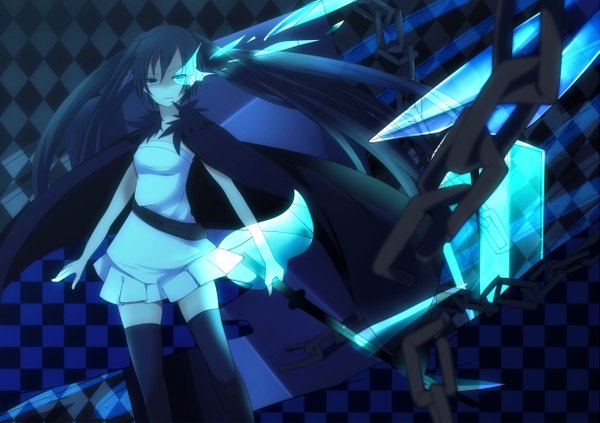 Anime picture 1227x867 with black rock shooter black rock shooter (character) bloodcatblack (tsukiko) long hair blue eyes black hair twintails glowing glowing eye (eyes) girl thighhighs dress weapon black thighhighs sword katana chain