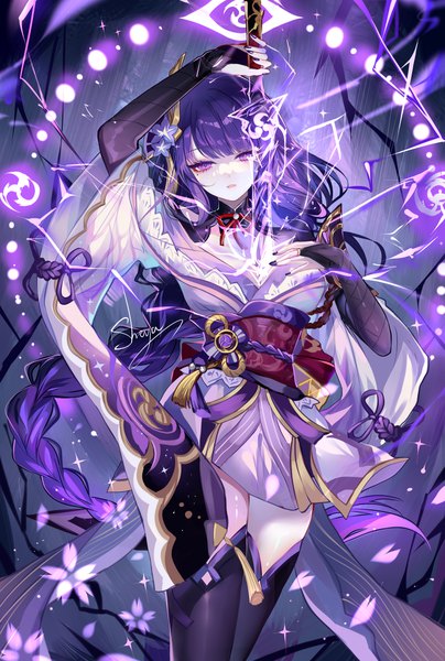 Anime picture 3300x4900 with genshin impact raiden shogun sheya single tall image looking at viewer fringe highres purple eyes signed absurdres purple hair blunt bangs braid (braids) very long hair nail polish traditional clothes japanese clothes mole mole under eye