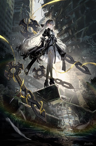 Anime picture 2642x4000 with original nanaponi single long hair tall image fringe highres standing signed yellow eyes looking away full body outdoors blunt bangs grey hair sunlight high heels puffy sleeves ruins backlighting