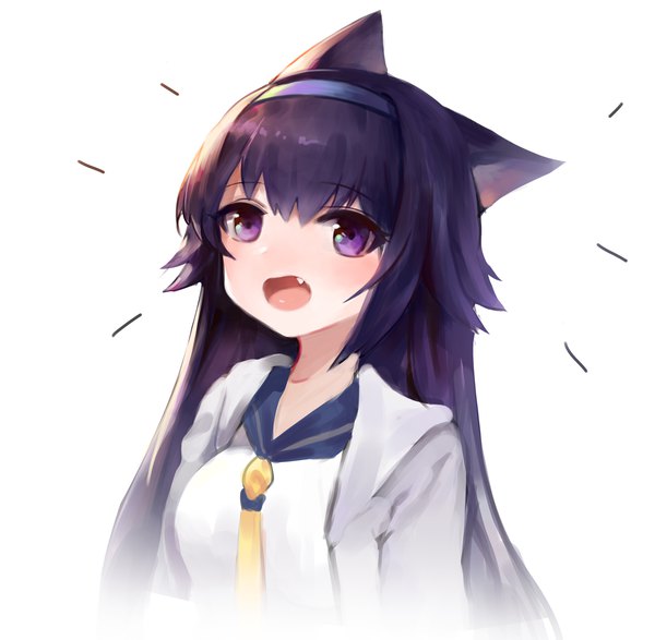 Anime picture 2406x2355 with girls frontline super sass (girls frontline) dokomon single long hair blush fringe highres open mouth simple background smile white background purple eyes animal ears purple hair upper body open jacket fang (fangs) looking up girl