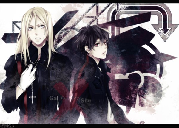 Anime picture 1500x1075 with guilty crown production i.g ouma shu tsutsugami gai saito yukihiro long hair short hair black hair blonde hair pink eyes inscription letterboxed silver eyes boy gloves cross directional arrow