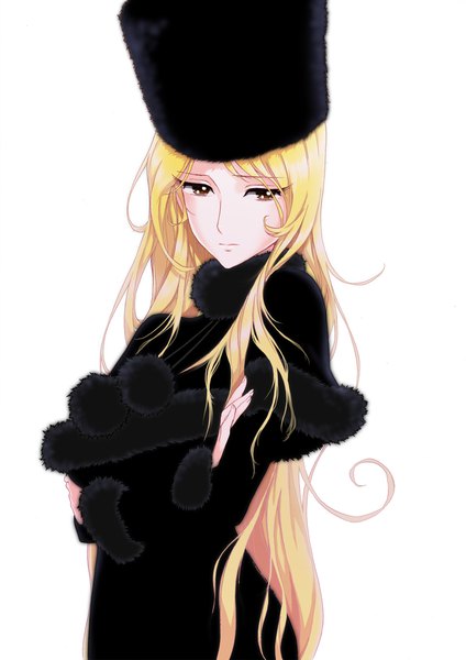 Anime picture 1500x2124 with galaxy express 999 toei animation maetel fetishist single long hair tall image blonde hair simple background white background brown eyes upper body fur trim crossed arms oldschool girl hat fur pom pom (clothes)