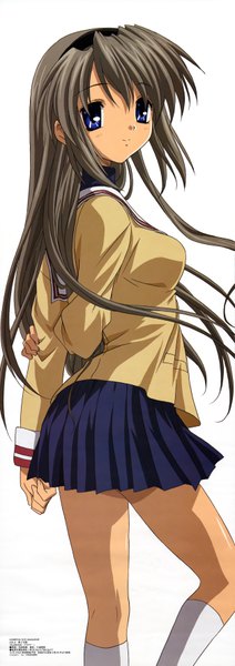 Anime picture 2510x7105 with clannad key (studio) sakagami tomoyo ikeda kazumi single long hair tall image looking at viewer blush fringe highres breasts simple background smile hair between eyes standing white background payot bent knee (knees) pleated skirt