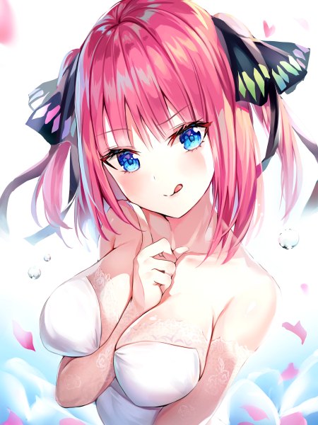 Anime picture 900x1200 with go-toubun no hanayome nakano nino narae single tall image looking at viewer blush fringe short hair breasts blue eyes light erotic simple background large breasts bare shoulders payot pink hair cleavage upper body blunt bangs