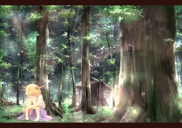 Anime picture 2000x1414 with touhou ibuki suika aruu (memories) long hair highres blonde hair sitting yellow eyes barefoot horn (horns) girl plant (plants) tree (trees)