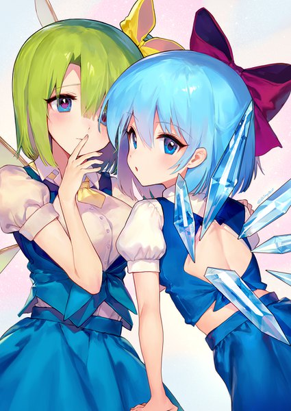 Anime picture 900x1270 with touhou cirno daiyousei ainy tall image blush fringe short hair blue eyes hair between eyes multiple girls blue hair looking back green hair puffy sleeves back finger to mouth bare back girl bow