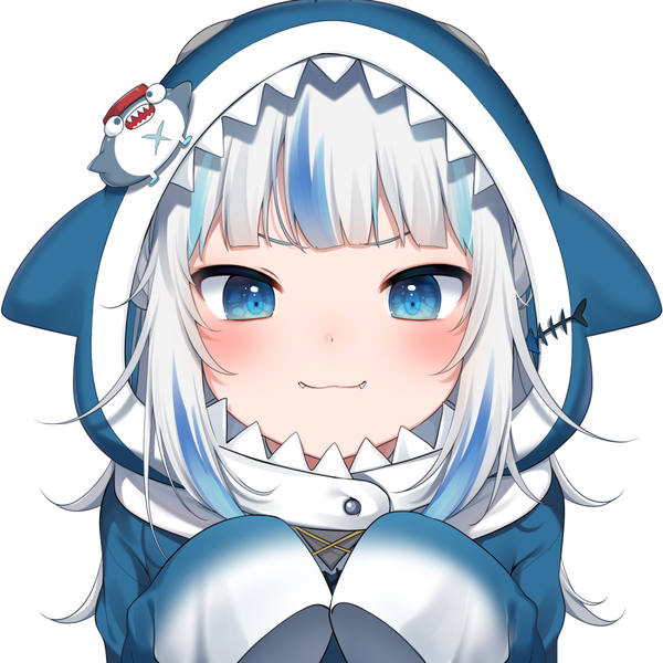 Anime picture 1000x1000 with virtual youtuber hololive hololive english gawr gura gawr gura (1st costume) bloop (gawr gura) nachi single long hair looking at viewer blush fringe blue eyes simple background smile white background payot silver hair upper body blunt bangs