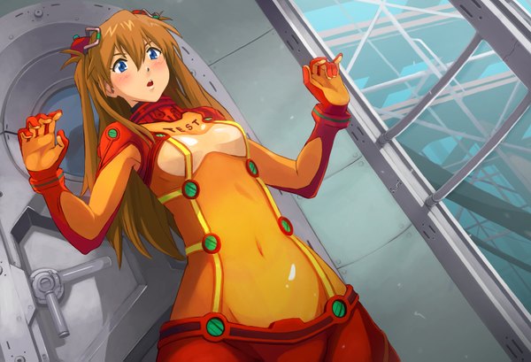 Anime picture 1500x1023 with neon genesis evangelion gainax soryu asuka langley elrowa (artist) single long hair blush fringe open mouth blue eyes brown hair standing arms up teeth from below covered navel girl navel bodysuit pilot suit