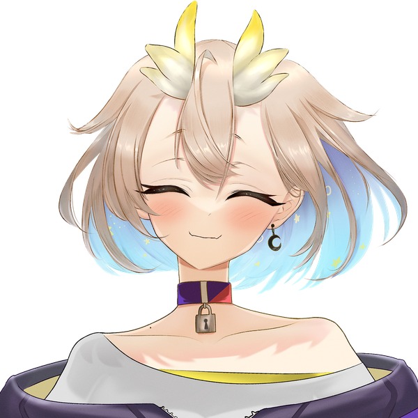 Anime picture 1671x1672 with virtual youtuber phase connect utatane nasa cafflin single tall image blush fringe short hair blonde hair smile eyes closed multicolored hair horn (horns) off shoulder transparent background colored inner hair third-party edit dragon girl star print