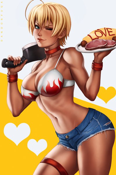 Anime picture 800x1199 with shokugeki no soma j.c. staff mito ikumi dandon fuga single tall image looking at viewer fringe short hair breasts light erotic blonde hair large breasts green eyes ahoge one eye closed fingernails lips wink realistic