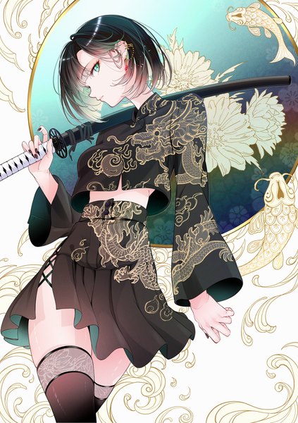 Anime picture 1821x2580 with original muto (n0sug4r) single tall image looking at viewer fringe highres short hair black hair standing holding green eyes long sleeves nail polish profile pleated skirt multicolored hair fingernails wide sleeves piercing