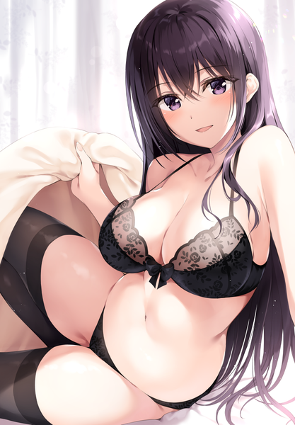 Anime picture 806x1158 with original oryou single long hair tall image looking at viewer blush fringe breasts open mouth light erotic black hair smile hair between eyes large breasts purple eyes bare shoulders cleavage indoors :d