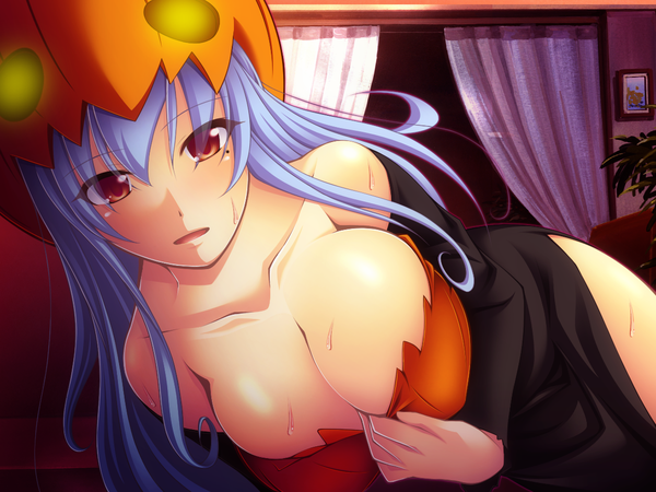Anime picture 1167x876 with original hotaru (akappera) long hair breasts light erotic red eyes large breasts blue hair sweat halloween girl vegetables jack-o'-lantern room pumpkin