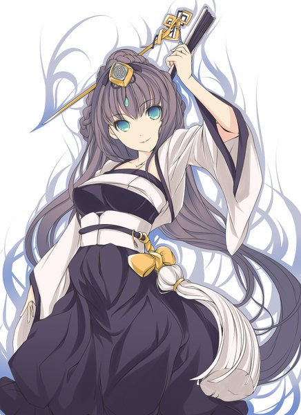 Anime picture 1600x2200 with original faefaea single tall image looking at viewer black hair simple background white background very long hair aqua eyes girl dress hair ornament fan