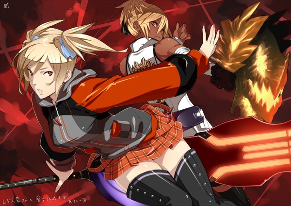 Anime picture 2046x1446 with god eater ufotable 23 (real xxiii) highres blonde hair red eyes brown hair multiple girls signed yellow eyes looking back zettai ryouiki dark skin plaid skirt back to back plaid girl thighhighs skirt 2 girls