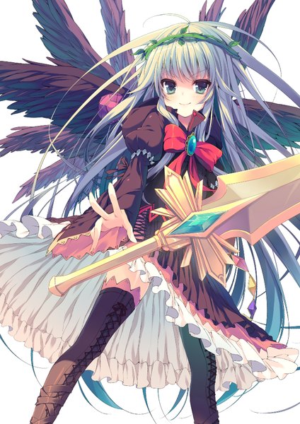 Anime picture 706x1000 with original reia single long hair tall image looking at viewer blush blue eyes smile white background white hair girl dress weapon sword wings bowtie thigh boots