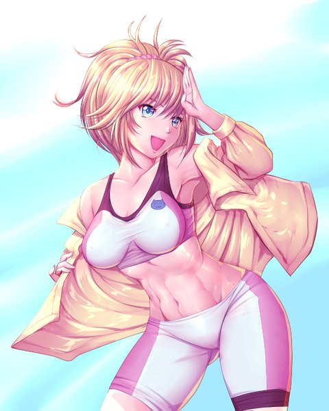 Anime picture 1120x1399 with mobile suit gundam gundam build fighters sunrise (studio) hoshino fumina harihisa single tall image short hair breasts open mouth blue eyes light erotic blonde hair smile looking away open clothes open jacket bare belly armpit (armpits) midriff