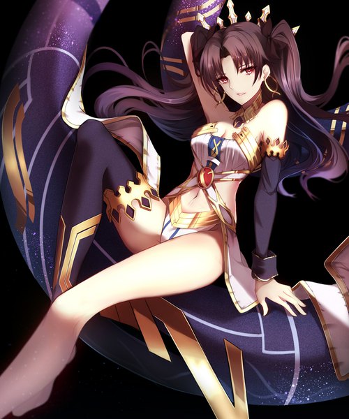 Anime picture 1424x1709 with fate (series) fate/grand order ishtar (fate) shiguru single long hair tall image looking at viewer light erotic black hair red eyes bare shoulders two side up black background girl thighhighs navel hair ornament detached sleeves single thighhigh