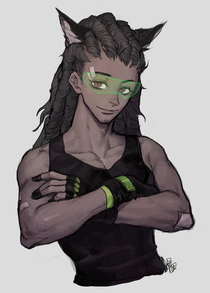 Anime picture 1074x1500 with overwatch blizzard entertainment lucio (overwatch) fan ju single long hair tall image looking at viewer black hair simple background brown eyes upper body grey background sleeveless crossed arms kemonomimi mode bandaid on face bandaid on arm boy gloves