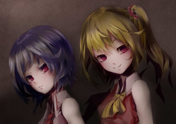 Anime picture 1500x1057 with touhou flandre scarlet remilia scarlet yutapon looking at viewer blush short hair blonde hair smile red eyes multiple girls blue hair ponytail light smile side ponytail girl hair ornament 2 girls