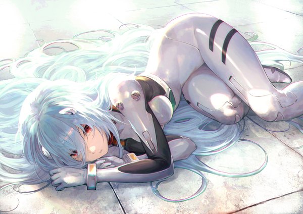 Anime picture 2172x1536 with neon genesis evangelion rebuild of evangelion evangelion: 3.0+1.0 thrice upon a time gainax ayanami rei shirataki jiro single long hair looking at viewer fringe highres breasts hair between eyes red eyes blue hair bent knee (knees) lying parted lips on side alternate hairstyle