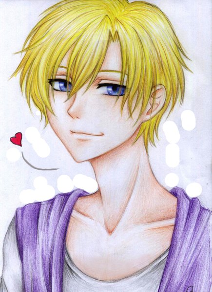 Anime picture 1190x1639 with ouran high school host club studio bones suou tamaki mari945 single tall image looking at viewer fringe short hair blue eyes simple background blonde hair smile hair between eyes upper body grey background portrait traditional media colored pencil (medium) boy