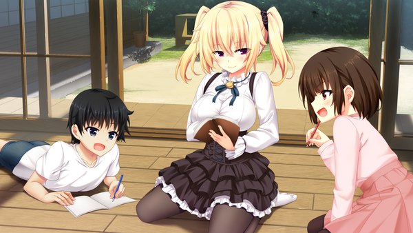 Anime picture 1920x1080 with nora to oujo to noraneko heart tagme (character) patricia of end oozora itsuki blush fringe highres short hair breasts open mouth blue eyes black hair blonde hair smile hair between eyes brown hair wide image large breasts sitting purple eyes