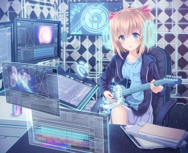 Anime picture 1800x1459 with original alc (ex2 lv) single blush highres short hair open mouth blue eyes blonde hair sitting girl chair guitar monitor office chair