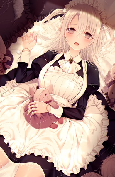 Anime-Bild 1340x2048 mit original kuro namako single long hair tall image looking at viewer blush fringe open mouth hair between eyes silver hair lying from above pointy ears maid on back grey eyes two side up puffy sleeves doll joints