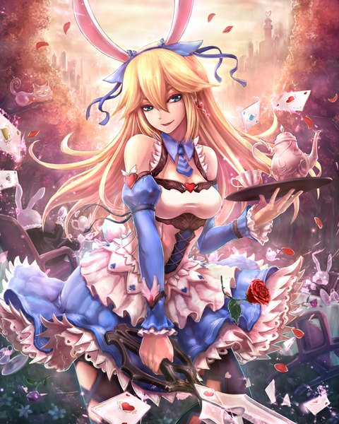 Anime picture 700x875 with alice in wonderland alice (wonderland) white rabbit cheshire cat ant (fenixant) long hair tall image breasts blonde hair smile standing holding animal ears parted lips sunlight bunny ears shiny underbust tea set thighhighs