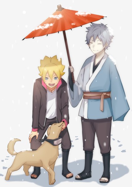 Anime-Bild 2149x3035 mit boruto studio pierrot naruto (series) uzumaki boruto mitsuki (naruto) komedai tall image fringe highres short hair open mouth blue eyes simple background blonde hair smile hair between eyes standing white background holding full body