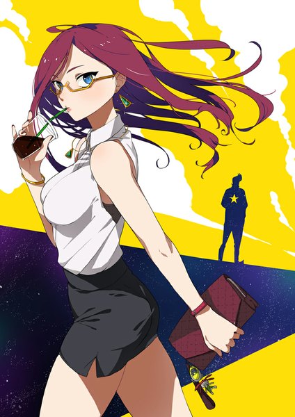 Anime picture 707x1000 with space dandy studio bones dandy (space dandy) meow (space dandy) qt (space dandy) scarlet (space dandy) doushimasho long hair tall image looking at viewer blush breasts blue eyes standing pink hair sky cloud (clouds) sleeveless drinking girl
