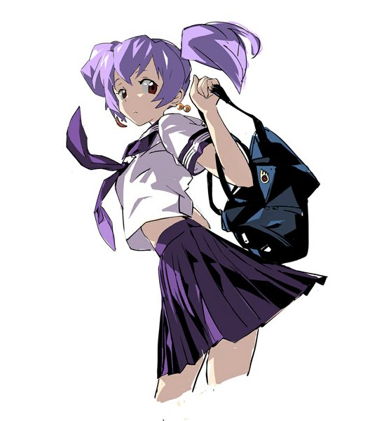 Anime picture 991x1066 with top wo nerae 2! diebuster gainax tycho science magomago single tall image short hair simple background red eyes white background twintails looking away purple hair short twintails girl uniform earrings serafuku school bag