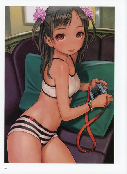 Anime-Bild 5092x6966 mit futurelog (artbook) range murata single long hair tall image looking at viewer highres breasts light erotic red eyes brown hair absurdres lying scan two side up border on side striped reclining :p