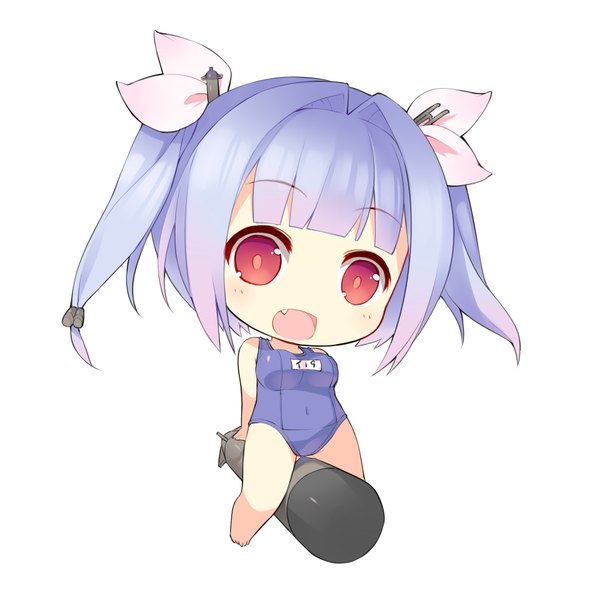 Anime picture 1771x1771 with kantai collection i-19 submarine saru (longbb) single long hair looking at viewer highres open mouth light erotic simple background red eyes white background sitting twintails purple hair barefoot teeth fang (fangs) chibi riding