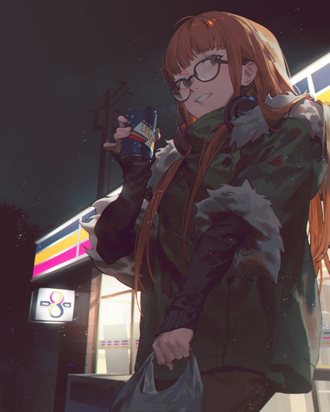 Anime picture 3200x4000 with persona 5 persona sakura futaba fajyobore single long hair tall image looking at viewer fringe highres smile standing holding brown eyes absurdres outdoors blunt bangs long sleeves orange hair night