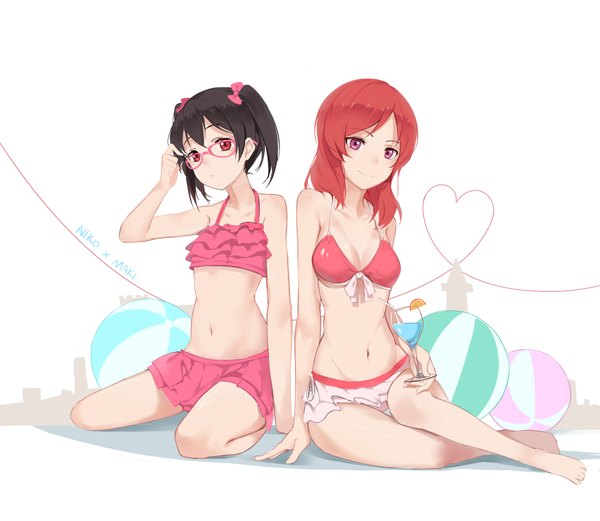 Anime picture 2070x1800 with love live! school idol project sunrise (studio) love live! nishikino maki yazawa nico huanxiang heitu long hair looking at viewer highres short hair breasts black hair simple background red eyes white background sitting twintails purple eyes bare shoulders multiple girls