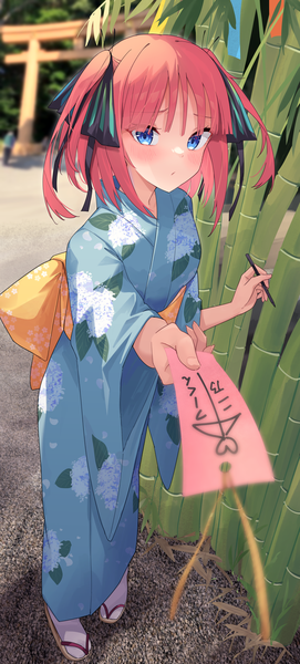 Anime picture 1200x2654 with go-toubun no hanayome nakano nino profnote single tall image looking at viewer blush short hair blue eyes pink hair full body outdoors traditional clothes japanese clothes two side up outstretched hand tanabata girl hair ornament butterfly hair ornament