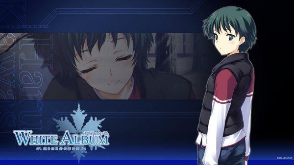 Anime picture 1920x1080 with white album kawata hisashi highres short hair wide image green eyes eyes closed green hair girl