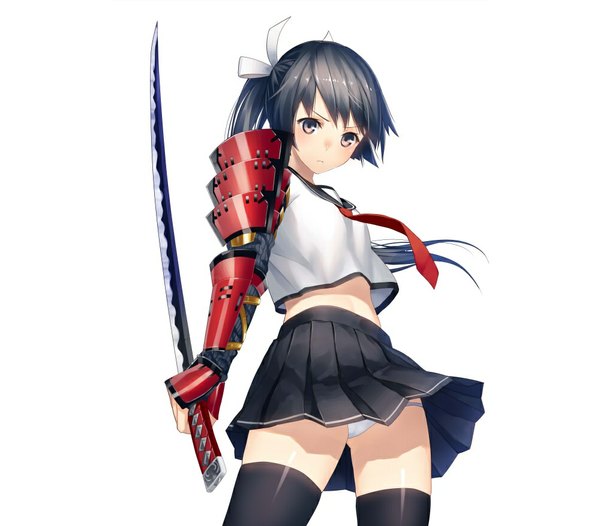 Anime picture 1000x877 with original ac (eshi) single long hair light erotic black hair brown eyes ponytail pantyshot zettai ryouiki girl thighhighs skirt weapon black thighhighs miniskirt sword serafuku katana