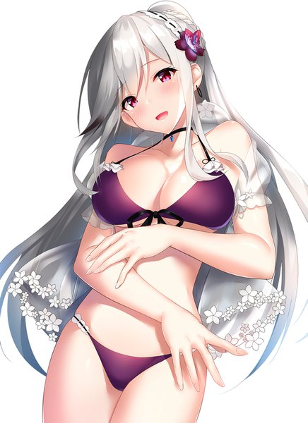 Anime picture 1163x1600 with azur lane dunkerque (azur lane) dunkerque (summer sucre) (azur lane) cocona (coconacafe) single long hair tall image looking at viewer blush fringe breasts open mouth light erotic simple background hair between eyes large breasts standing white background bare shoulders payot