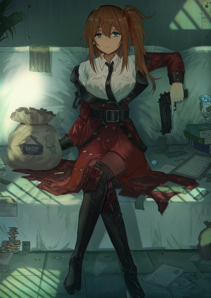 Anime picture 1860x2631 with girls frontline kalina (girls frontline) aer7o single long hair tall image looking at viewer fringe highres brown hair sitting holding full body indoors aqua eyes light smile off shoulder crossed legs side ponytail trigger discipline