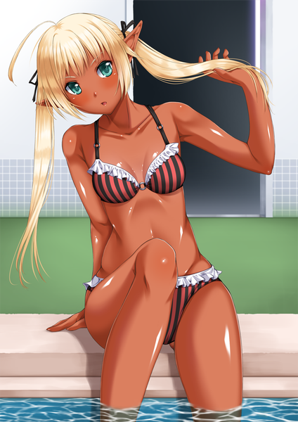 Anime picture 744x1052 with original chiro (pixiv) single long hair tall image looking at viewer blush open mouth light erotic blonde hair sitting twintails pointy ears dark skin groin elf girl swimsuit bikini