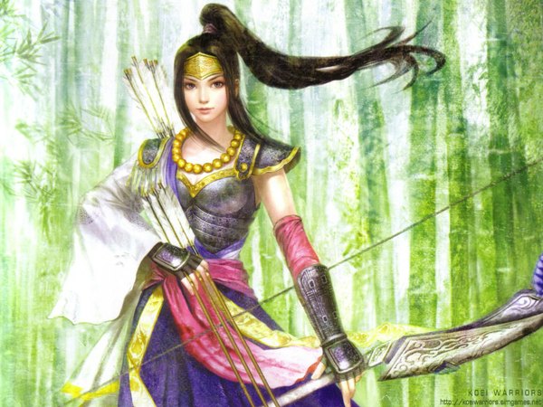 Anime picture 1024x768 with sengoku musou ina (w.l.o. sekai ren'ai kikou) single long hair black hair signed ponytail girl weapon armor necklace bow (weapon) arrow (arrows)