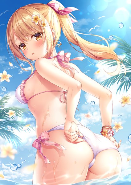 Anime picture 1433x2024 with original mitsuba choco single long hair tall image looking at viewer blush fringe breasts open mouth light erotic blonde hair hair between eyes standing yellow eyes payot sky cloud (clouds) outdoors ass