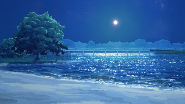 Anime picture 1920x1080 with everlasting summer iichan eroge arsenixc vvcephei highres wide image game cg sky night wallpaper no people landscape scenic collaboration plant (plants) tree (trees) sea moon star (stars) full moon