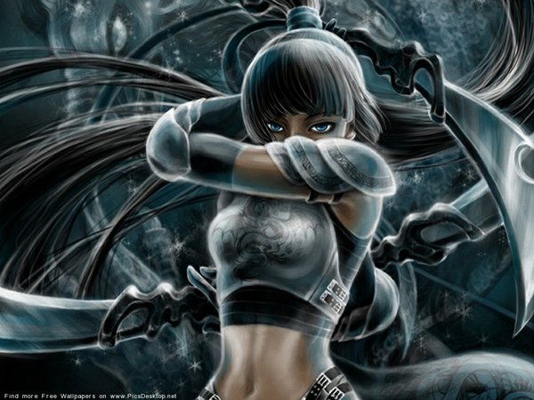 Anime picture 1152x864 with original single long hair blue eyes black hair ponytail girl weapon sword armor