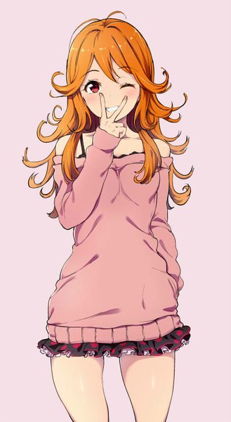 Anime picture 450x820 with tokyo 7th sisters usuta sumire alp single long hair tall image looking at viewer blush fringe open mouth simple background smile red eyes standing bare shoulders ahoge one eye closed wink orange hair bare legs